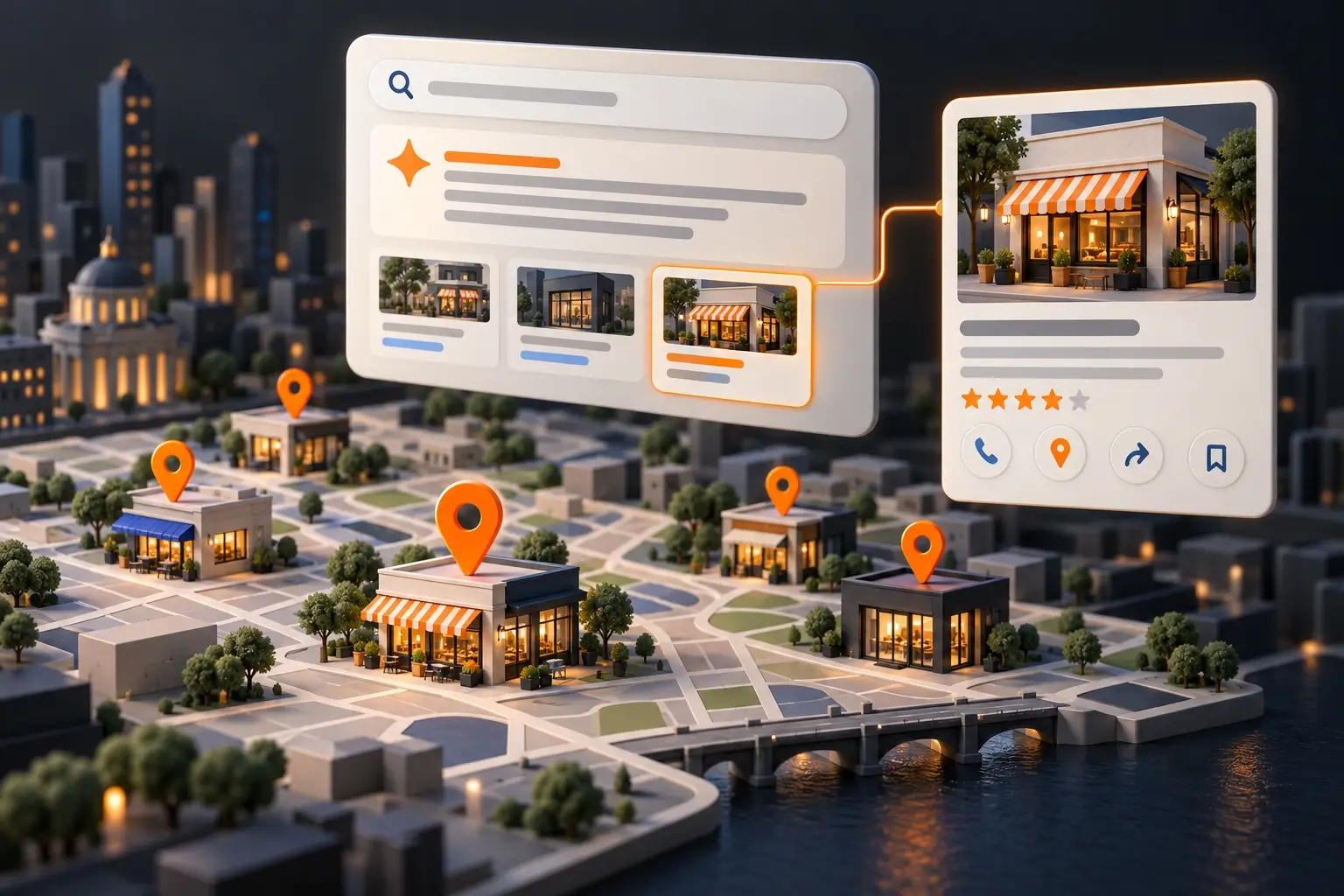 AI search summary linked to a local business profile above a city map with orange location pins.