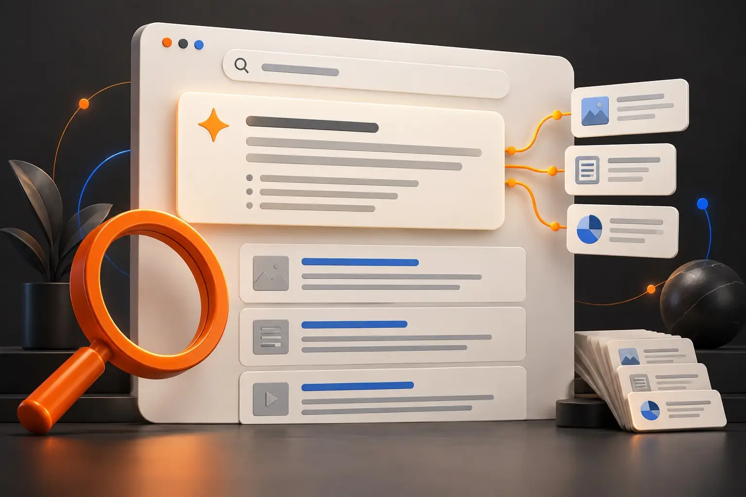 Search page features an AI summary linked to source cards above traditional search results.