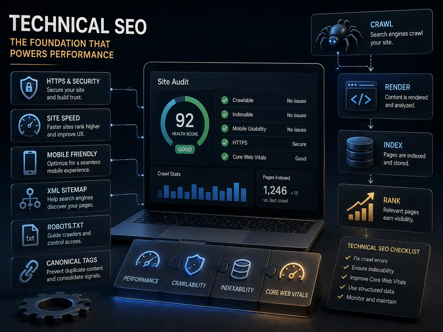 AI answer engine interface connecting a structured content source to cited answers through entity relationships and schema signals.
