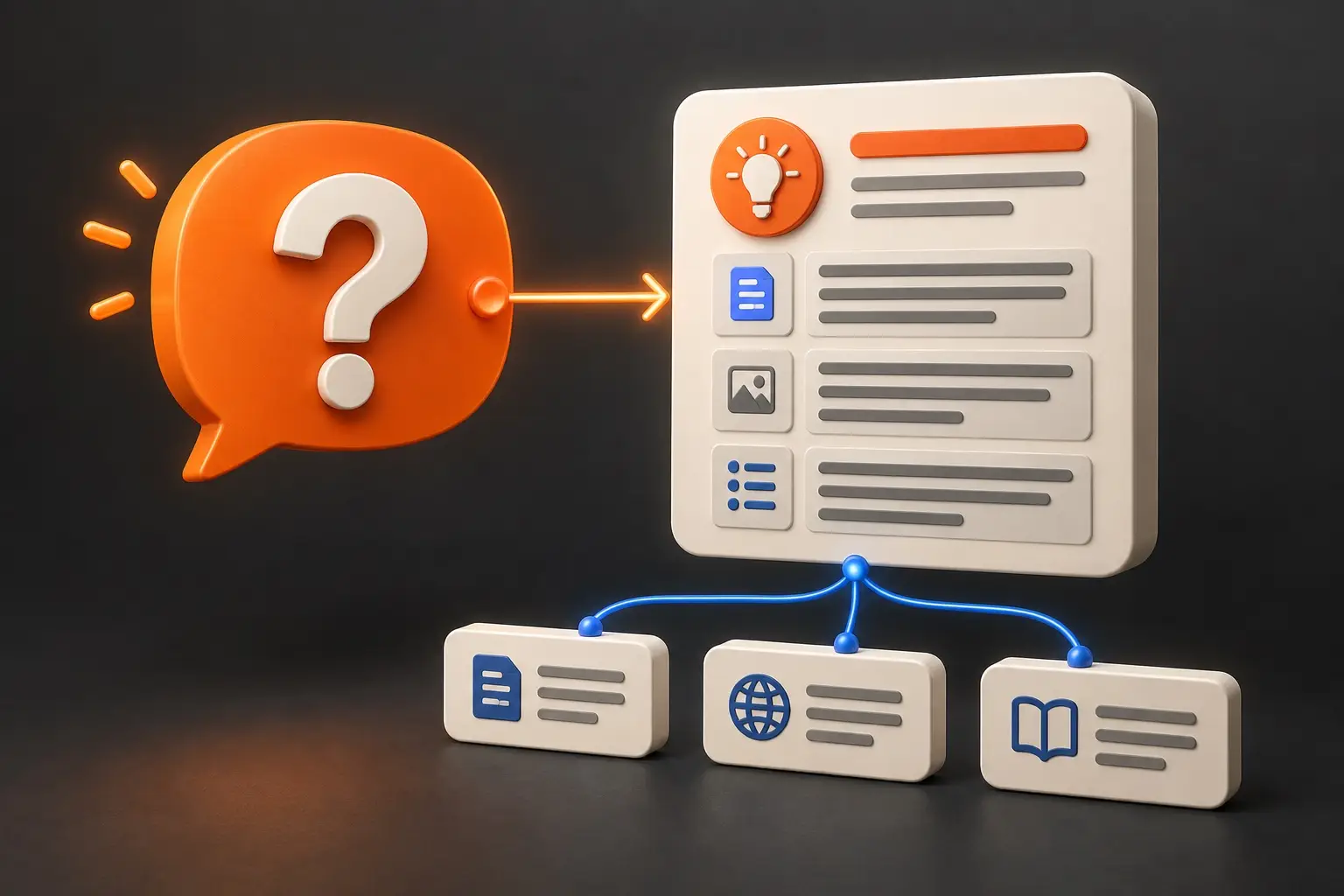 Orange question bubble leads to a structured answer card supported by source cards.
