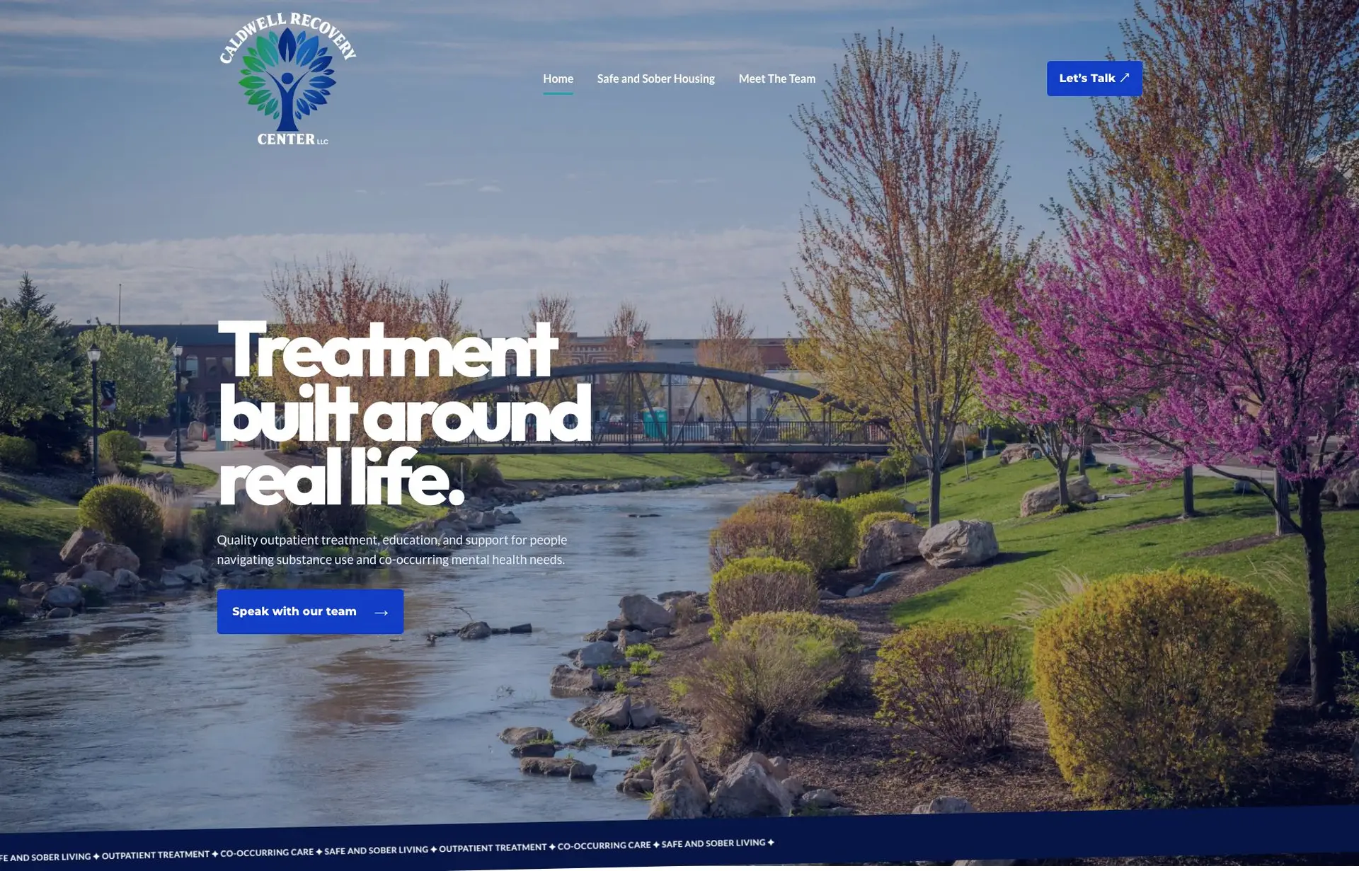 Above-the-fold screenshot of the Caldwell Recovery Center homepage with its logo, navigation, and treatment introduction