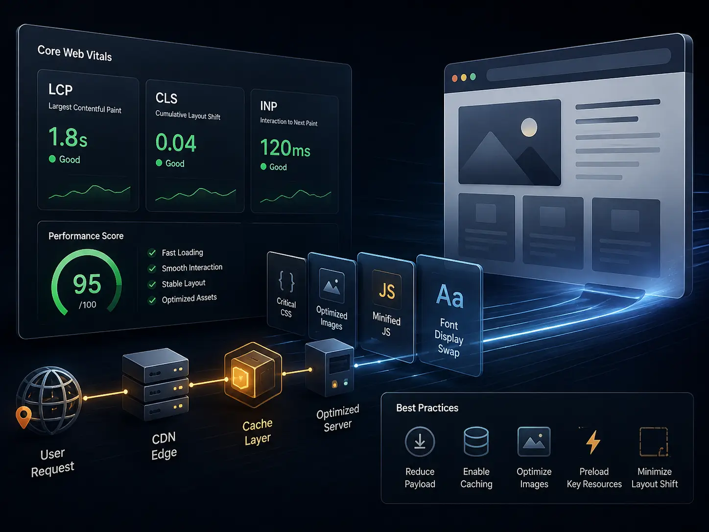 Planned performance dashboard showing LCP, CLS, and INP metrics alongside optimized request, caching, and rendering flows.