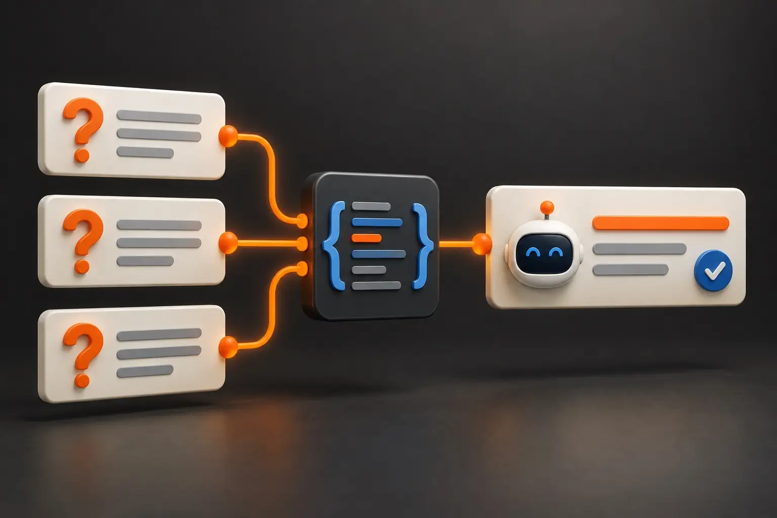 Question cards connect through a structured-code panel to an AI answer card.