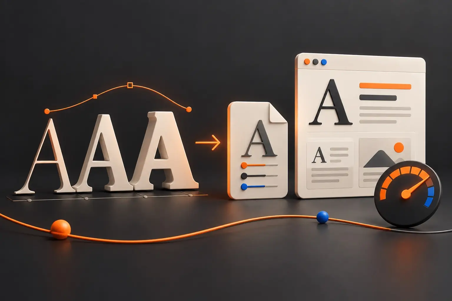 Three letter A forms in different weights lead to a compact font card and website performance gauge.