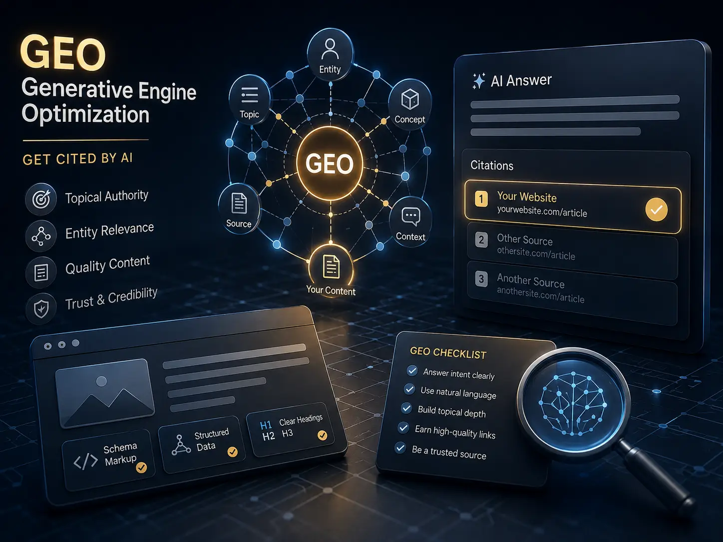 Generative engine optimization illustration showing a GEO knowledge graph connected to entities, sources, context, structured content, and an AI answer citing a website.