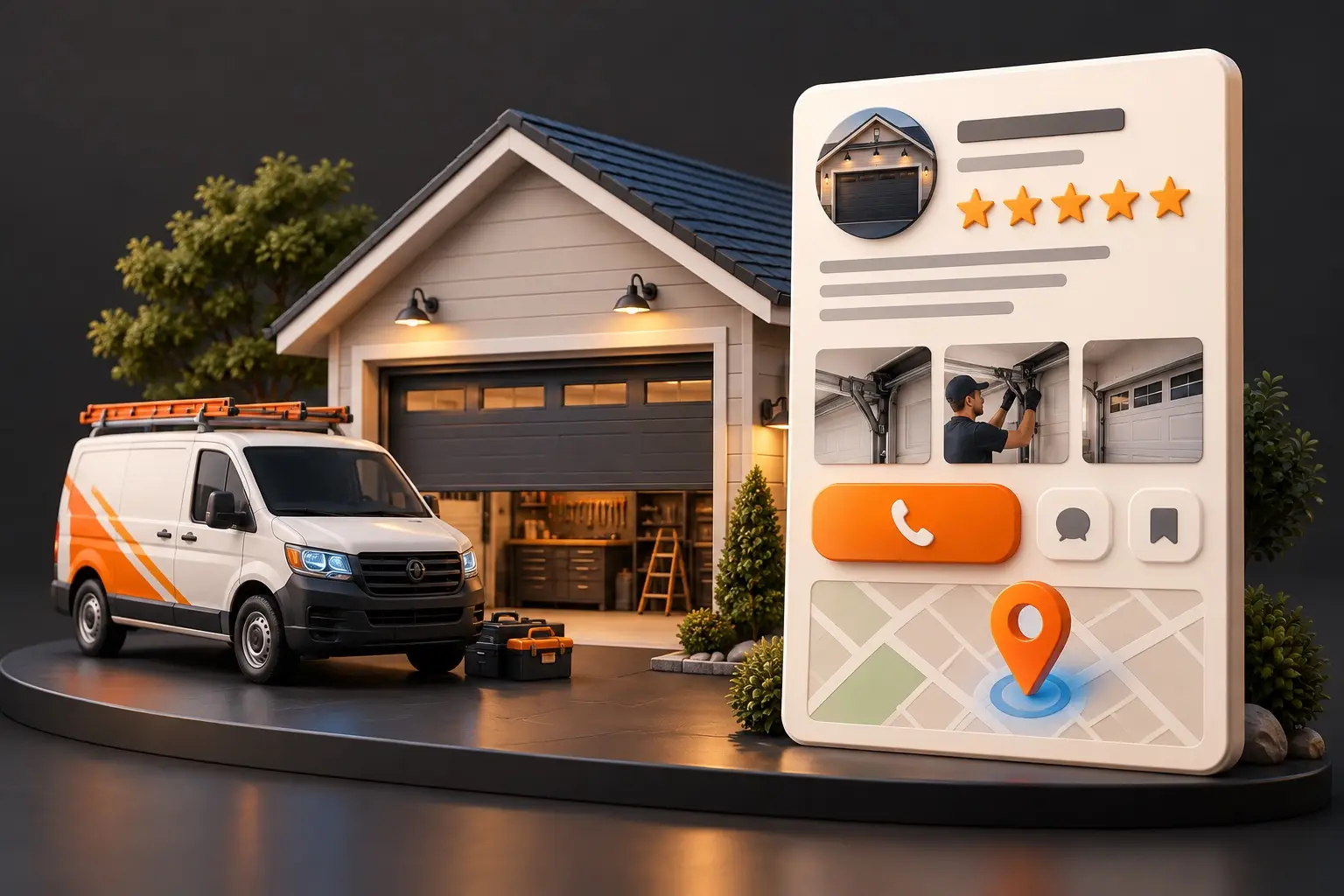 Garage service van and workshop beside a business profile with reviews, photos, a call button, and map pin.