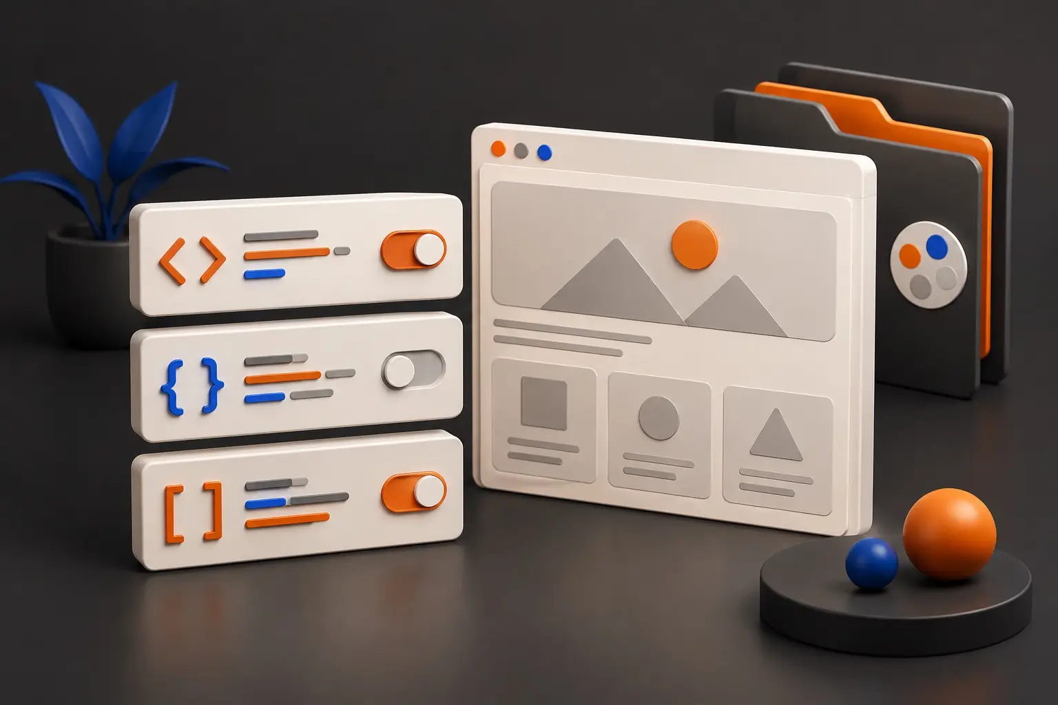 Code cards with individual toggle switches sit beside a website canvas and theme folders.