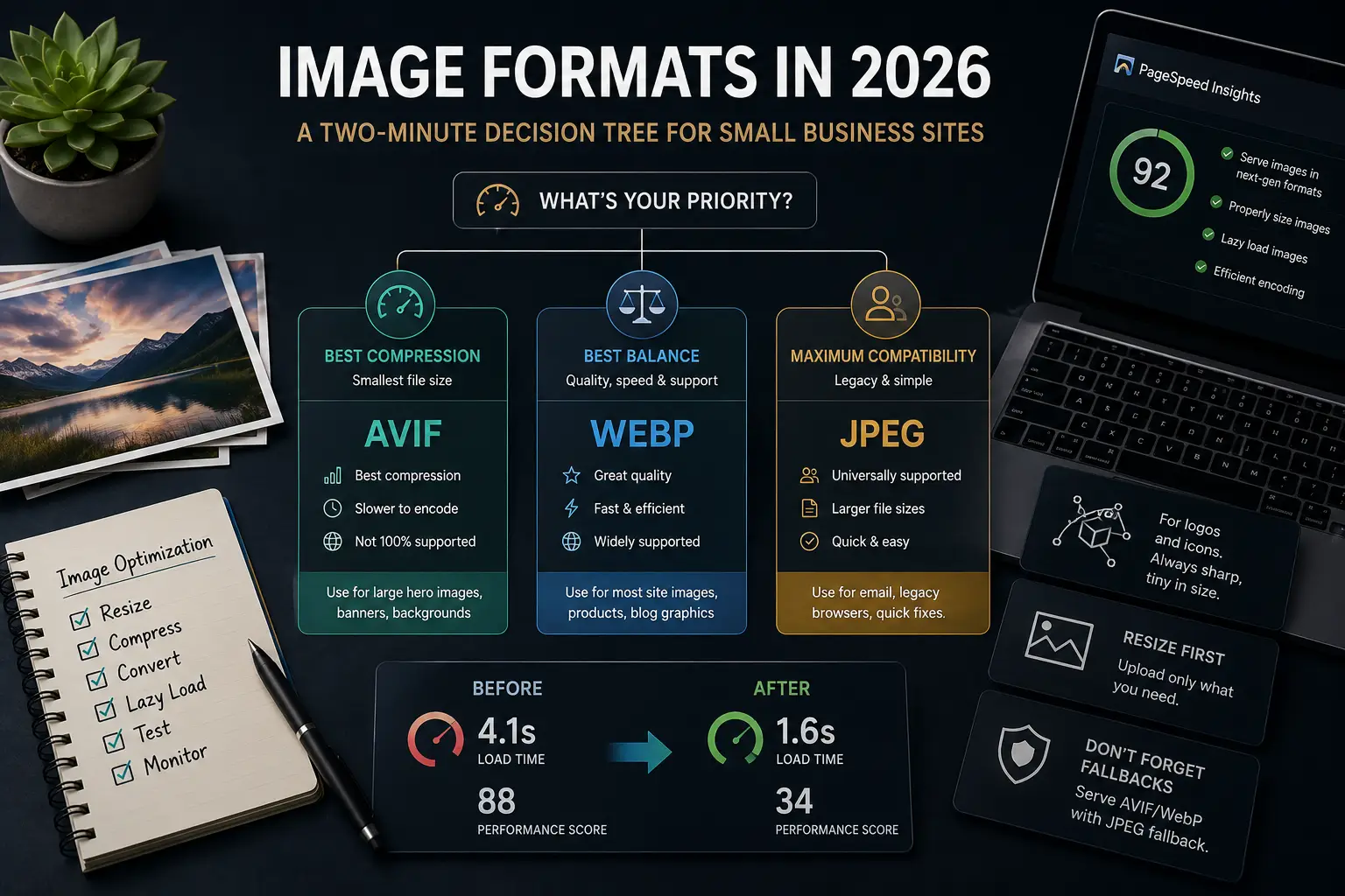 Image format decision tree comparing AVIF, WebP, and JPEG for compression, browser support, and website performance, with PageSpeed and image optimization cues