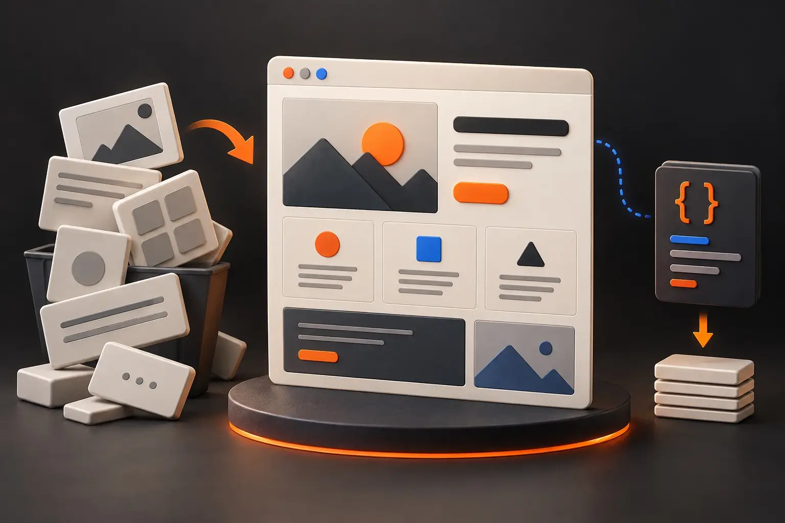 Modular website layout beside unused design blocks and a compact stylesheet card.