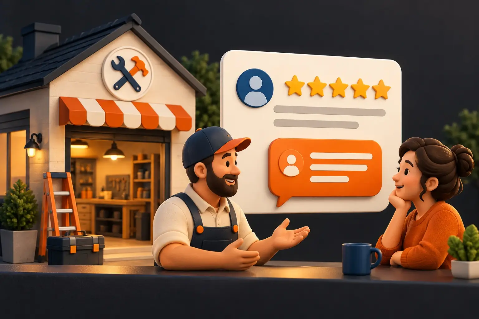 A service professional and customer beside a five-star review card and orange reply bubble.