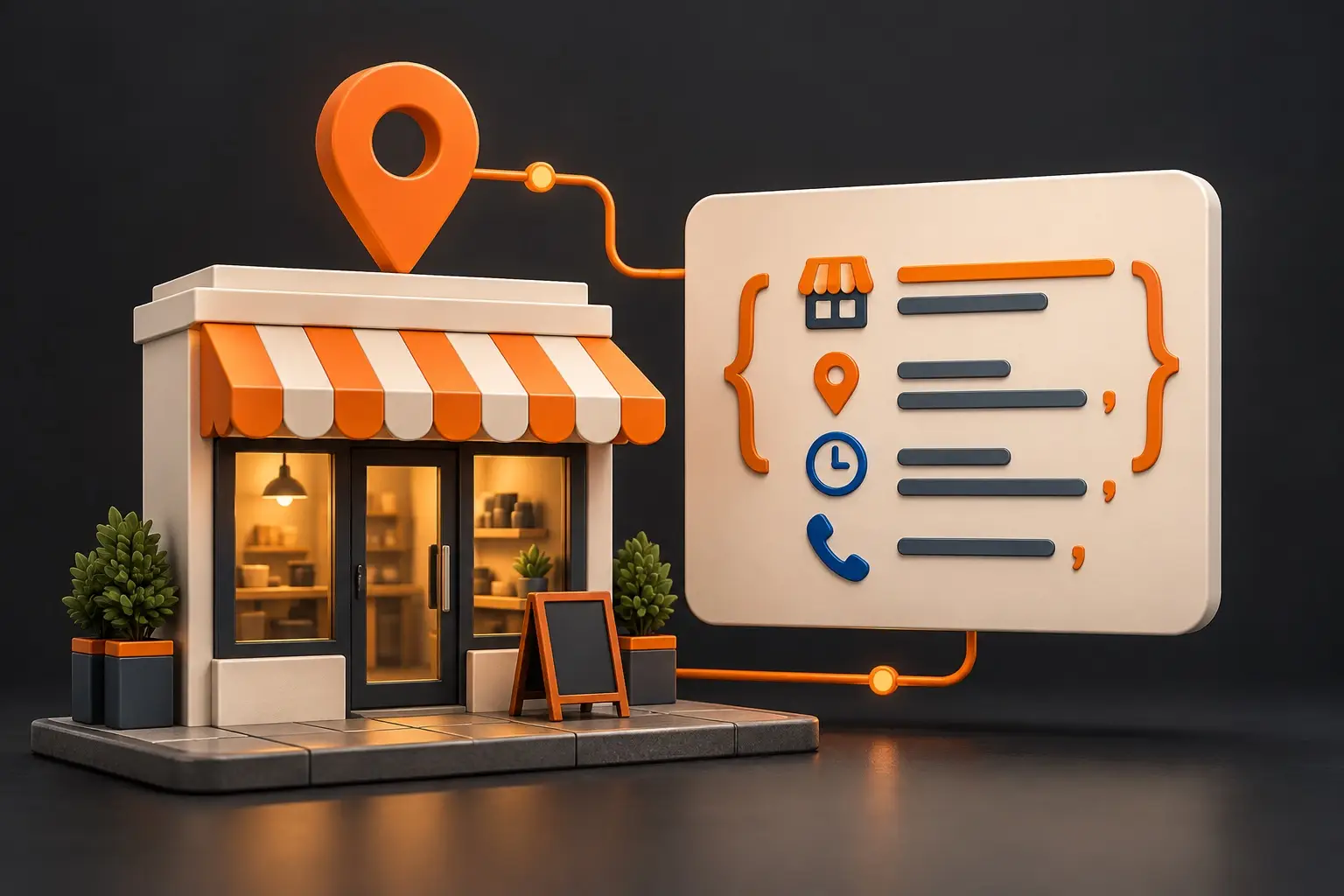Storefront connects to a structured-data card with location, hours, and phone symbols.