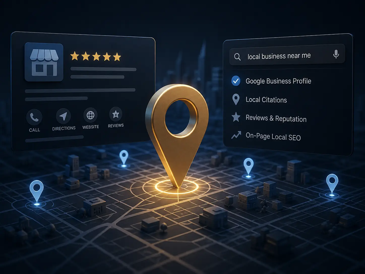Local SEO illustration showing a highlighted map location, Google Business Profile elements, reviews, local citations, and on-page SEO signals.