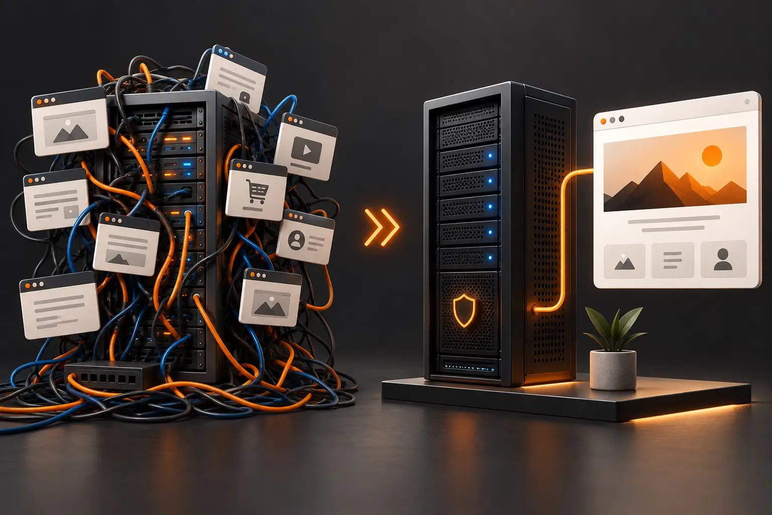 Crowded shared server beside a clean managed server connected to an uncluttered website.