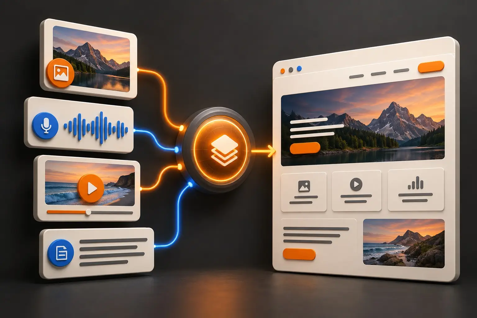 Image, audio, video, and text cards connect through a central hub to a website design.