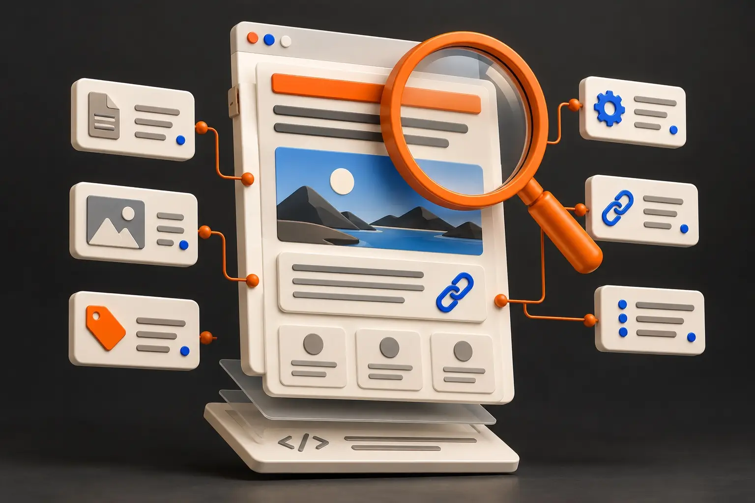 Magnifying glass examines a layered webpage with heading, image, metadata, and internal-link cards.