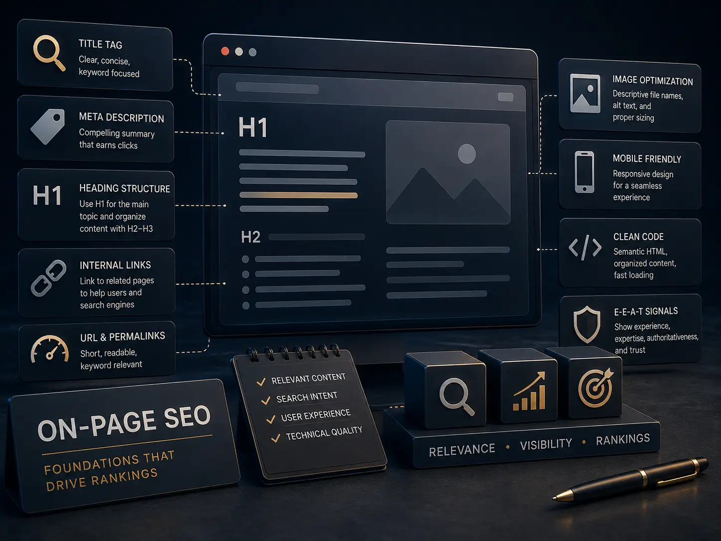 On-page SEO illustration showing a webpage connected to title tags, meta descriptions, heading structure, internal links, image optimization, mobile usability, clean code, and E-E-A-T signals.