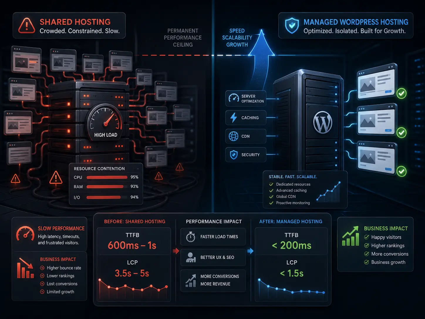 Comparison of overloaded shared hosting and optimized managed WordPress hosting, highlighting TTFB, load speed, and business impact.