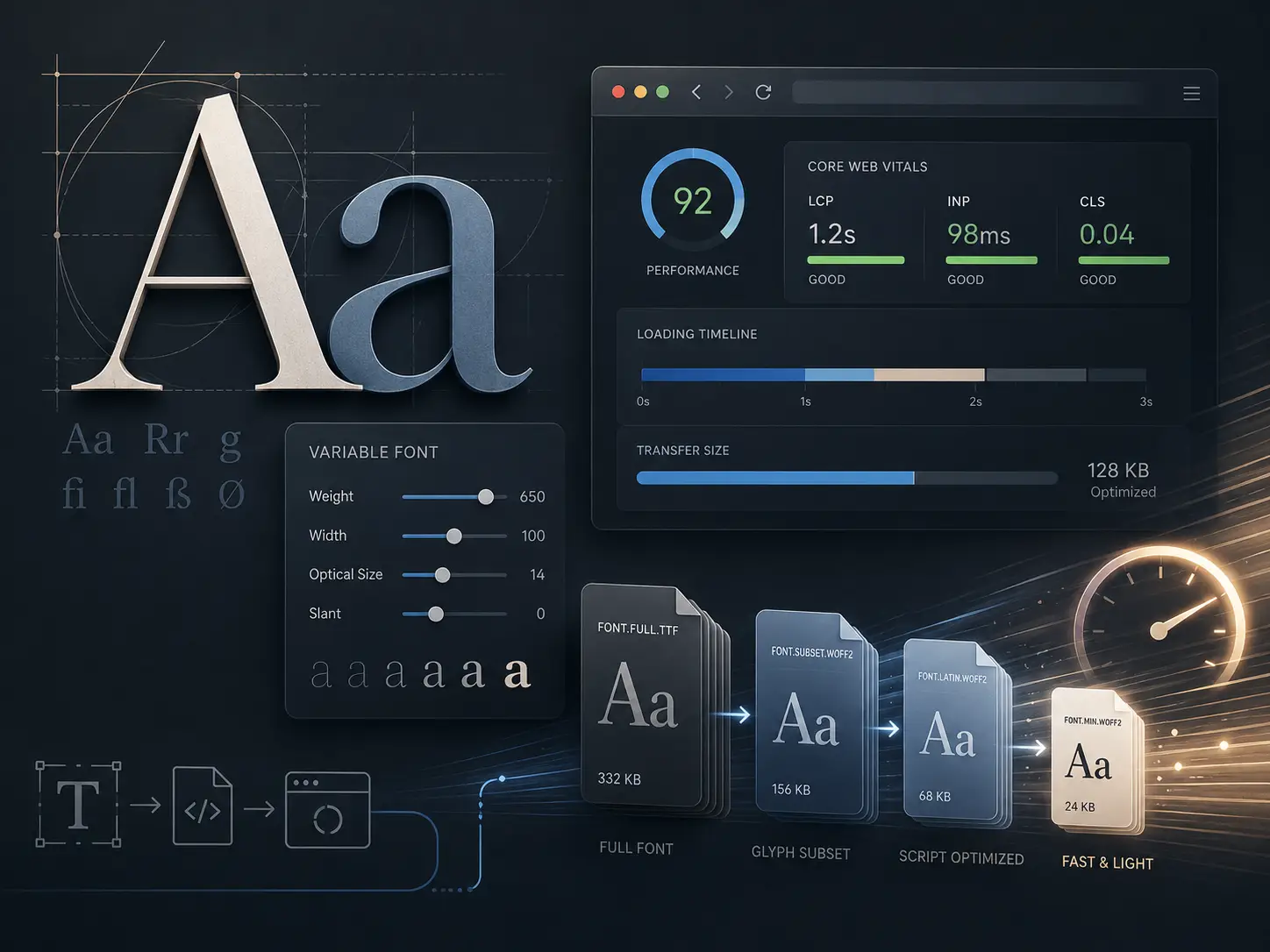Variable font optimization showing font subsetting, file sizes, and Core Web Vitals performance.