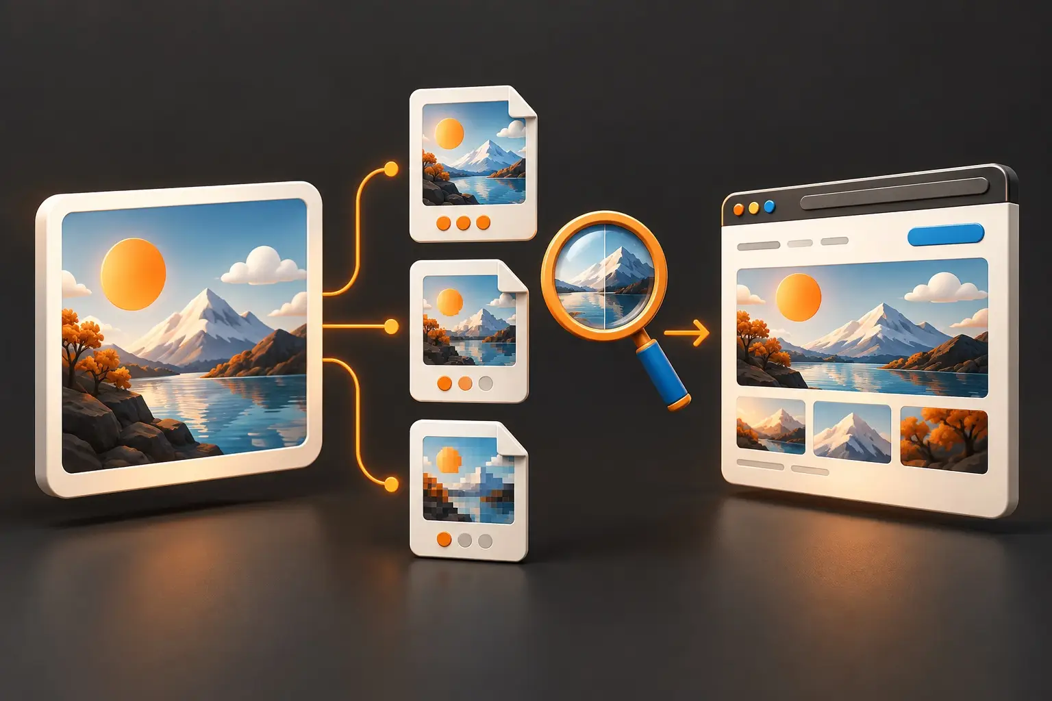Landscape image branches into compressed image tiles beside a quality-check magnifier and website.