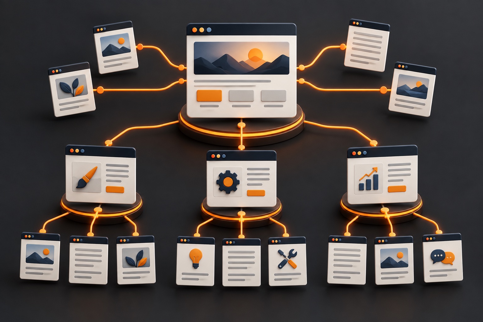 A central website hub connects to service pages and supporting articles through orange link paths.